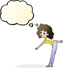 cartoon woman reaching to pick something up with thought bubble