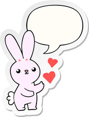 cute cartoon rabbit and love hearts and speech bubble sticker