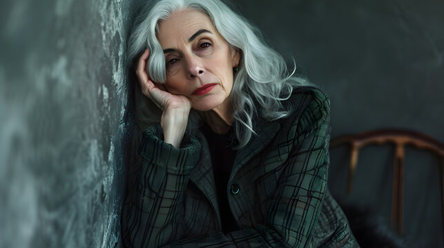 senior sad lady with white hair portrait, generative ai