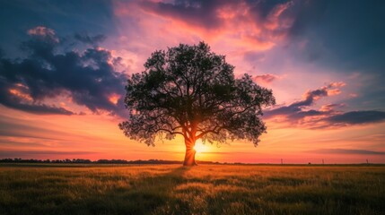 Fototapeta na wymiar Beautiful tall tree in a field with an amazing sunset generative ai