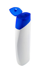 white empty plastic bottle with blue cap on isolated background