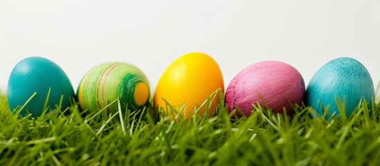 Fototapeta na wymiar Colorful Easter eggs rest on vibrant green grass against a white backdrop.