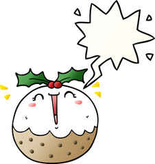 cute cartoon christmas pudding and speech bubble in smooth gradient style