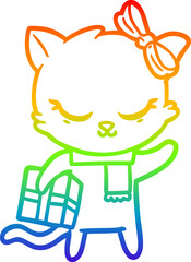 rainbow gradient line drawing cute cartoon cat with present