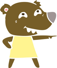 flat color style cartoon pointing bear girl showing teeth