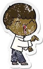 distressed sticker of a cartoon happy man