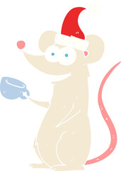 flat color illustration of a cartoon mouse wearing christmas hat
