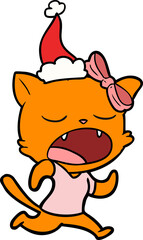 Obraz na płótnie Canvas line drawing of a yawning cat wearing santa hat