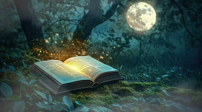 magic book in the forest Seamless looping 4k time-lapse virtual video animation background. Generated AI	