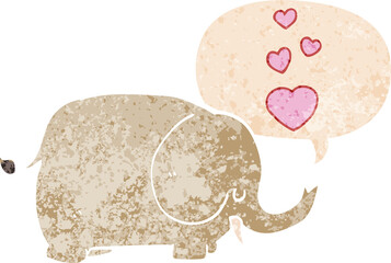 cute cartoon elephant with love hearts and speech bubble in retro textured style