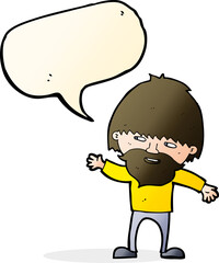 cartoon happy bearded man waving with speech bubble
