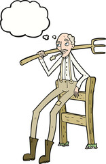 cartoon old farmer leaning on fence with thought bubble