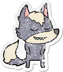 distressed sticker of a friendly cartoon wolf