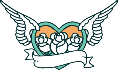 tattoo style icon of a flying heart with flowers and banner