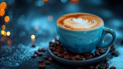 Latte Artistry in a Cerulean Cup. AI Generative.