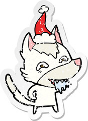 distressed sticker cartoon of a hungry wolf wearing santa hat