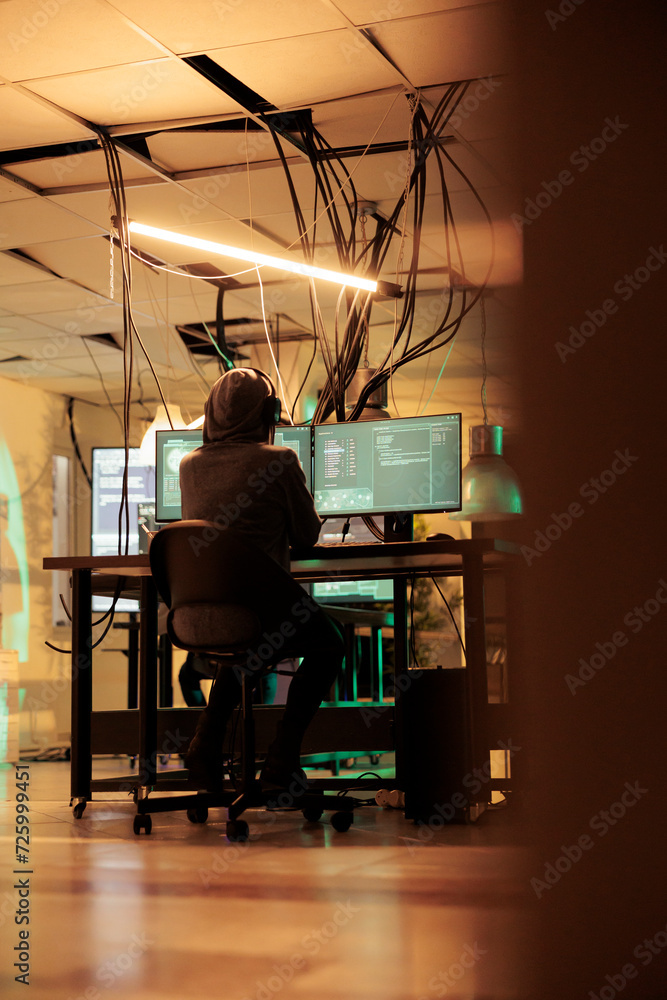 Aufkleber female thief analyzing online codes to hack government database, attacking sensitive system and caus