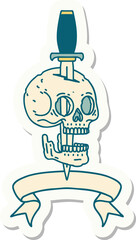 tattoo sticker with banner of a skull and dagger