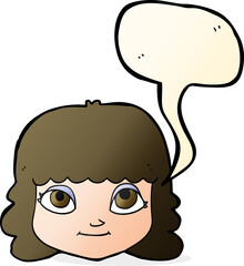 cartoon happy female face with speech bubble