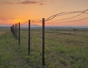 Obraz premium Barbed wire fence against a sunset background. To illustrate articles and materials related to restricted access, security, borders, military bases or prisons.