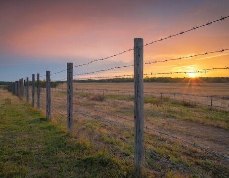Barbed wire fence against a sunset background. To illustrate articles and materials related to restricted access, security, borders, military bases or prisons.