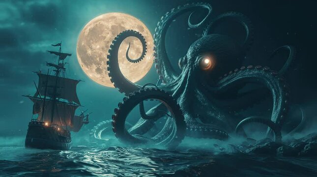 A giant octopus kraken monster attacking a pirate ship  Seamless looping 4k time-lapse virtual video animation background. Generated AI	