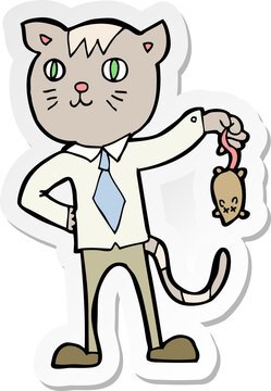 sticker of a cartoon business cat with dead mouse