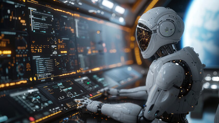 Fototapeta premium An AI robot sitting on a futuristic desk looking at his computer screen ,generative ai