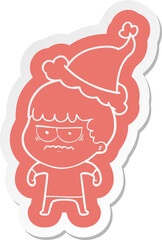 cartoon  sticker of a annoyed man wearing santa hat