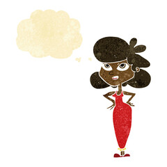 cartoon girl with hands on hips with thought bubble