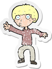 retro distressed sticker of a cartoon boy waving warning