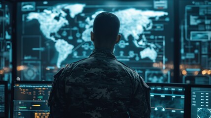 Backlit silhouette of a soldier observing sophisticated global military operation screens in a dark control room
