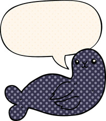 cartoon seal and speech bubble in comic book style