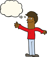 cartoon happy man waving with thought bubble
