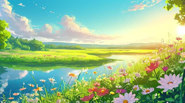 Beautiful panorama in mountains valey,  Seamless looping 4k time-lapse virtual video animation background. Generated AI	