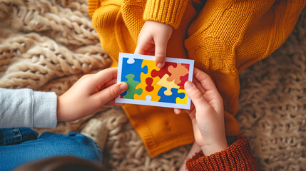 A card with a picture of colored puzzles in the hands of children. Congratulations on the day of awareness about autism