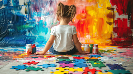 A lonely child is sitting in front of a wall painted with colored paints. There are puzzles and jars of paint on the floor.