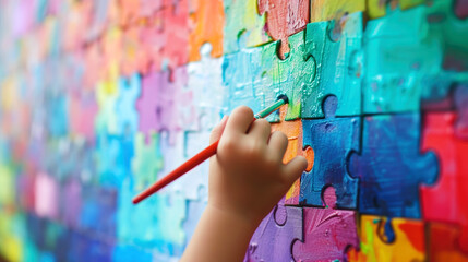 Close-up of a child's hand coloring colored puzzles on the wall. World Autism Awareness Day - Powered by Adobe