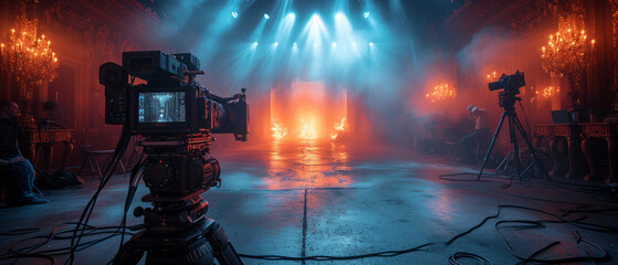 Fototapeta premium Filming studio, Professional cameras, Lighting equipment, Film crew, Cinematic atmosphere,