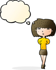 cartoon shy woman with thought bubble