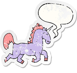 cartoon unicorn and speech bubble distressed sticker