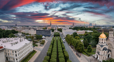 Beautiful aerial Riga view from above. Panoramic view of the Riga old town, the capital of Latvia.