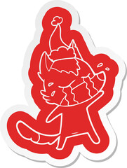 cartoon  sticker of a crying wolf wearing santa hat