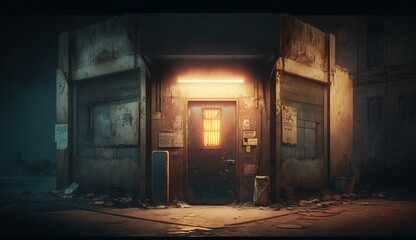 Corner of a grungy commercial building with closed rusty doors and glowing lights. Empty backstreet, concrete walls of an urban industrial building or warehouse during night time