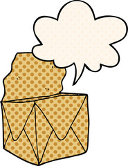 cartoon package and speech bubble in comic book style