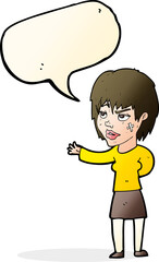 cartoon woman with sticking plaster on face with speech bubble