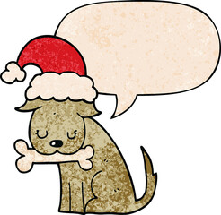 cute christmas dog and speech bubble in retro texture style