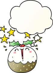 cute cartoon happy christmas pudding and thought bubble in smooth gradient style