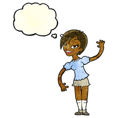 cartoon girl waving with thought bubble