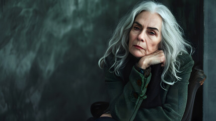 senior sad lady with white hair portrait, generative ai - 726003238